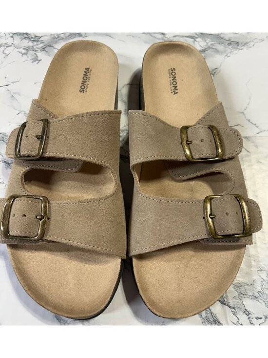 Sonoma Shoes - Sonoma Womens Size 9 Taupe Suede Double-Buckle Slide Sandals